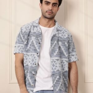 Men Comfort Fit Cuban Collar Textured Cotton Casual Shirt